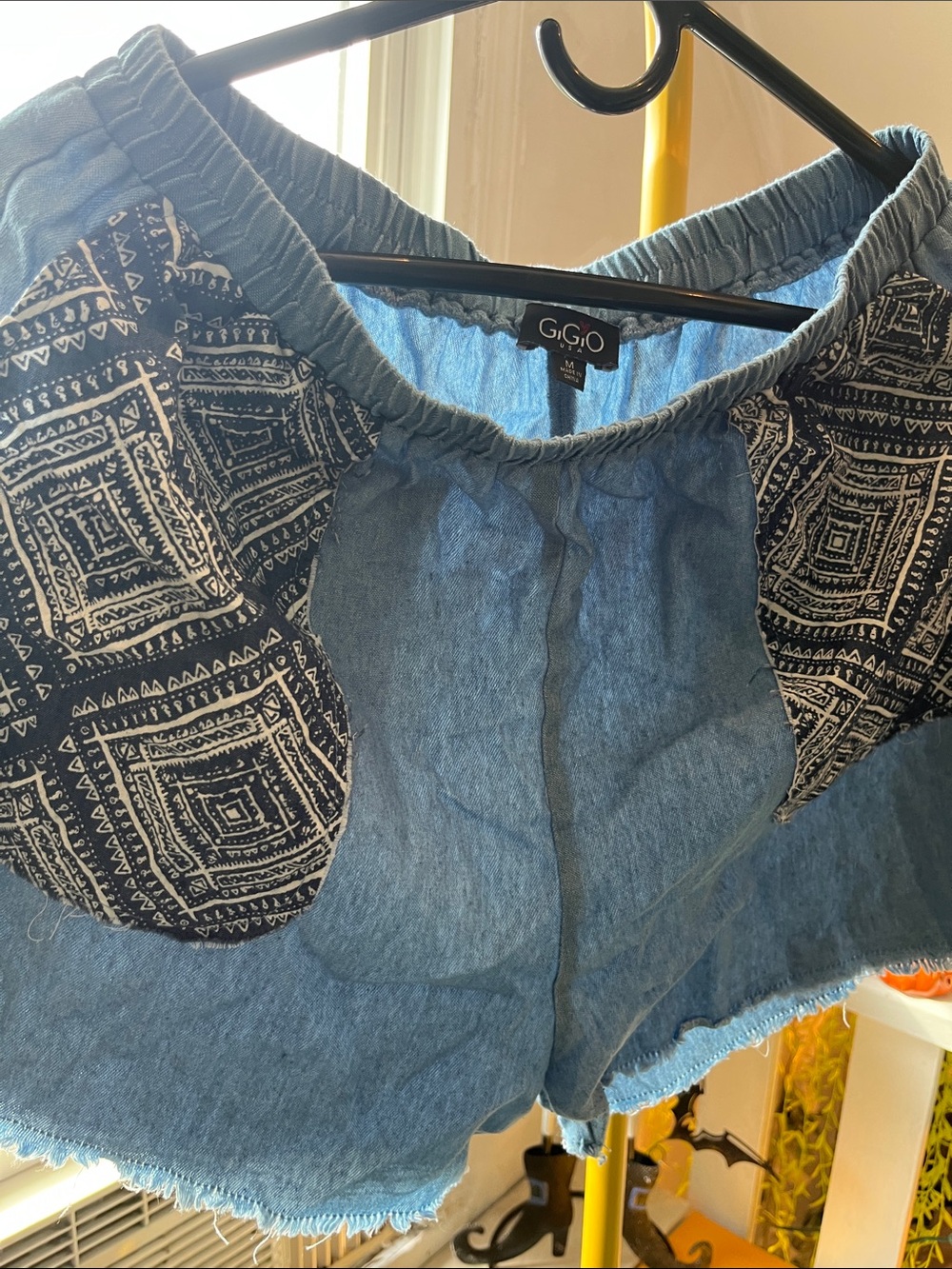 Blue Denim Women’s Shorts with Printed Panels
